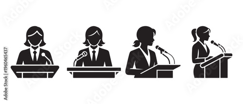 Professional Women Public Speaking at Podium with Microphones Icon Set, Business Leadership and Communication.