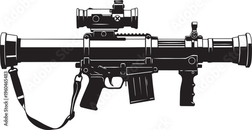 silhouette RPG launcher vector art with barrel and scope, bold military weapon design style
