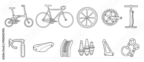 A detailed collection of outline vector illustrations featuring various bicycle models like folding and road bikes alongside essential cycling components and accessories for sports and