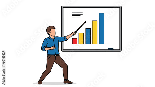 Business Presentation: Man Explaining Bar Graph on Whiteboard, Data Analysis & Growth Concept Vector Illustration