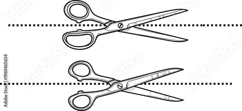 Scissors cutting dotted line icon set with open and closed positions, precision cutting tool illustration for crafting, tailoring, DIY projects, and design elements