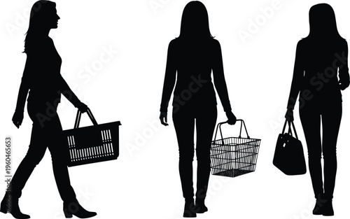 Set of female shopper silhouettes walking with shopping basket vector illustration