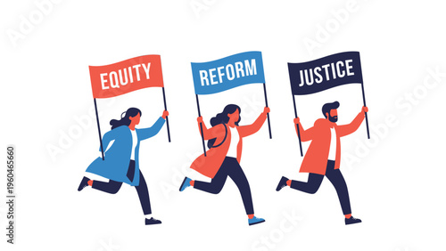 Activists running with 'Equity', 'Reform', 'Justice' flags, symbolizing a movement for social change and human rights.