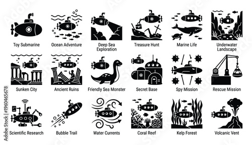 Varied collection of submarine icons exploring ocean adventure, deep sea exploration, marine life, sunken cities, and scientific research, perfect for educational content, presentations,