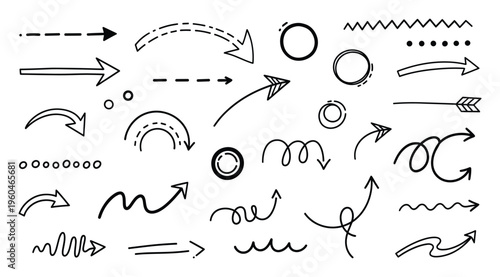 Hand drawn black arrow pointers and doodle circles for creative graphic applications including user interface design, educational materials, and digital annotations