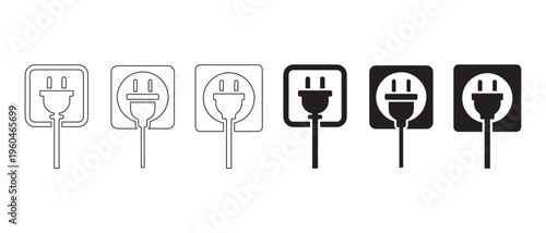 Electrical Plug and Socket Icons Set. in Line and Solid Styles, Representing Power Connection and Energy Supply,