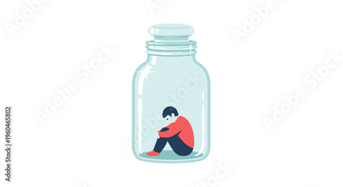 Sad Man Trapped Inside Glass Jar, Isolation and Loneliness Concept