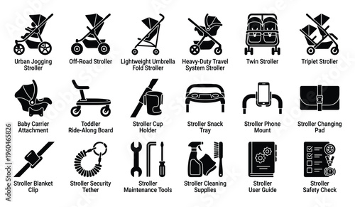 A comprehensive collection of baby stroller types and essential accessories presented as clear icons for modern parenting guides childcare service advertisements and retail product catalogs