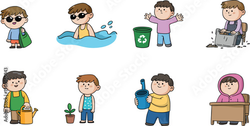 Kids activities vector illustration set, children actions swimming recycling planting cleaning studying, cute cartoon characters, educational lifestyle, daily routine learning collection
