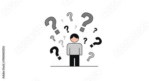 Confused Person Surrounded by Question Marks, Symbolizing Uncertainty and Doubt