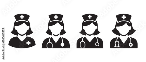 Collection of Female Nurse Avatars Icons. on Clean White Background Representing Healthcare Professionals.