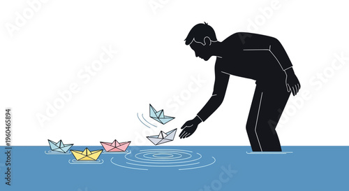 Man Launching Paper Boats, Symbolizing New Beginnings and Creativity