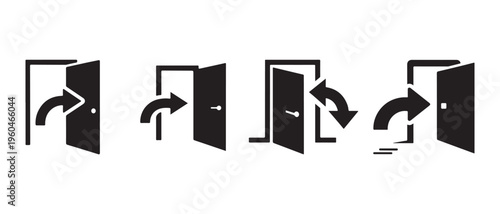 Modern Enter and Exit Door Icons with Arrows. Simple graphic pictogram for access, movement, and navigation signs on white background.