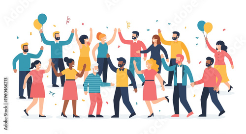 Diverse Group Celebrating Success with Confetti and Balloons