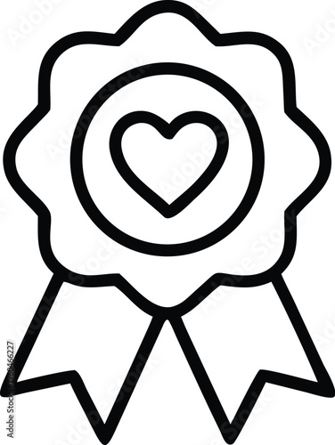A simple black and white line drawing depicts a heart enclosed within a circular badge and ribbon symbolizing love and recognition high quality professional detailed modern