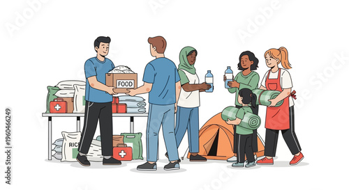 Volunteers distributing aid and supplies to diverse community members
