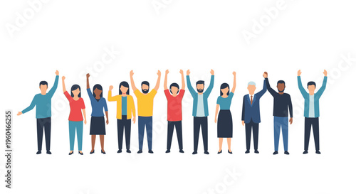 Diverse group of people raising hands in celebration or unity, isolated on white