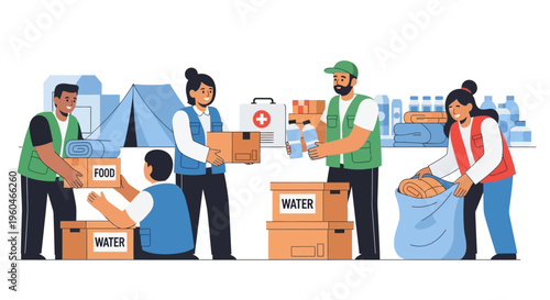Volunteers distributing humanitarian aid, food, water, and medical supplies