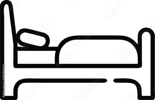 A simple black and white line drawing depicts a bed with a headboard frame and visible mattress suggesting rest and sleep high quality professional detailed modern