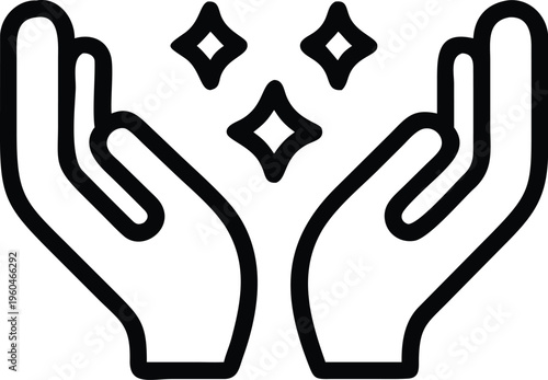 A black and white line drawing depicts two open hands gently cradling three sparkling diamond shapes suggesting protection high quality professional detailed modern elegant stylish clean