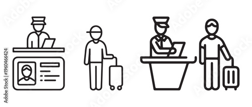 Travel and Immigration Line Icons Set. Featuring Passport Control, Customs, and Airport Traveler Procedures.