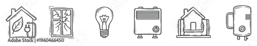 Comprehensive collection of handdrawn icons depicting energyefficient homes, broken windows, light bulbs, and heating systems, ideal for home improvement blogs and utility service