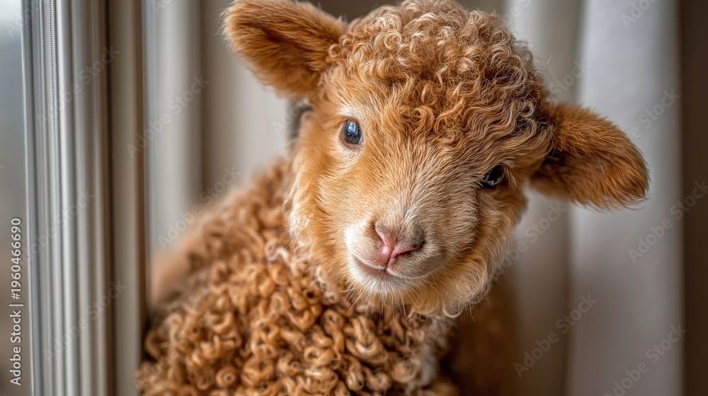 Naklejka premium Curly brown lamb peers through window frame. Soft wool surrounds its gentle, curious face. Large eyes meet viewer with innocence and charm. Perfect for cozy, pastoral, or childhood-themed projects
