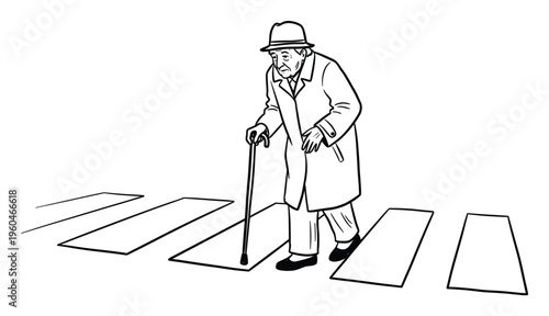 A senior citizen wearing a hat and coat walks cautiously with his cane across a marked pedestrian crosswalk, depicting concepts of aging, mobility, independence, and pedestrian safety for