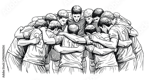 A compelling line drawing showing a determined group of young men in a team huddle, emphasizing their collective spirit, strategic planning, and motivational energy for athletic