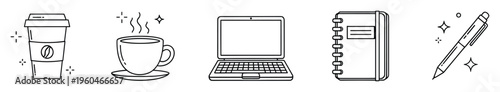 Minimalist outline icons for productivity, featuring a coffee cup, hot drink mug, laptop, spiral notebook, and writing pen, excellent for digital presentations, educational resources, and