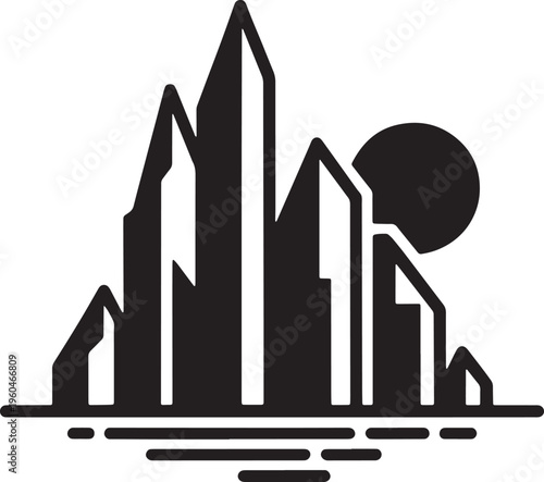 Abstract urban architecture silhouette with pointed skyscrapers and celestial sun over ocean