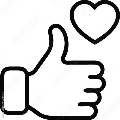A simple black and white illustration depicts a hand giving a thumbs up gesture with a heart floating above it high quality professional detailed modern elegant
