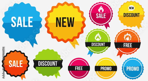 Collection of Colorful Sale, New, Discount, Free, Promo Badges and Labels for Marketing