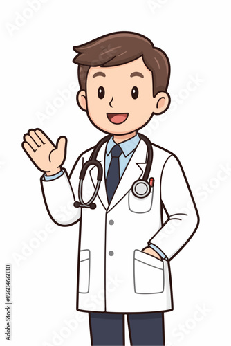 Friendly Young Male Doctor Character in White Lab Coat with Stethoscope Waving