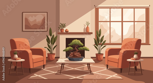 Cozy living room with armchairs, fireplace, and bonsai tree, warm lighting