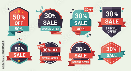 Collection of Sale Discount Badges and Labels: 50% Off, 30% Off, Special Offer