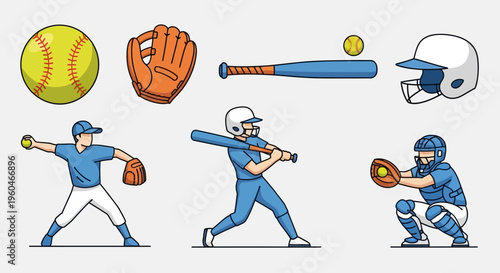 Baseball and Softball Sports Equipment and Players Action Set