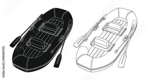 Line art illustrations of inflatable boats with oars shown in contrasting views