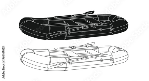 Line art depictions of an inflatable raft with two paddles