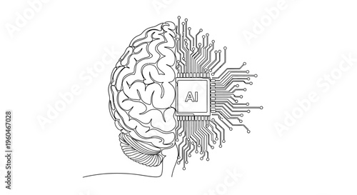 Artificial Intelligence Brain Chip Technology Concept: Human Brain Merged with AI Circuit