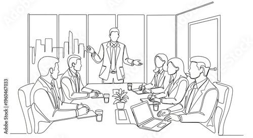 Business meeting in progress with diverse team discussing strategy around conference table