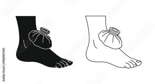 Foot with ice pack illustration in black and white line art