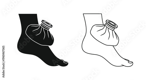 Ankle injury with ice pack black and white line drawing illustration