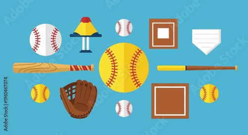 Baseball and Softball Equipment Flat Design Vector Illustration