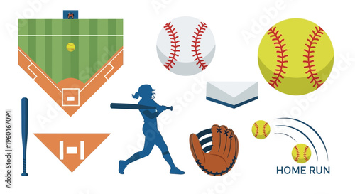 Baseball and Softball Icons: Field, Player, Balls, Glove, Bat, Home Plate