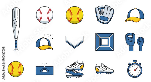 Baseball and Softball Equipment Icons: Bat, Ball, Glove, Cap, Shoes, Stopwatch, Home Plate