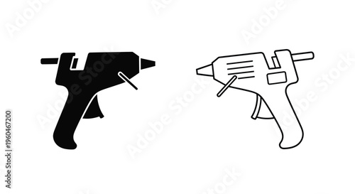 Two hot glue guns depicted in contrasting black and white line art