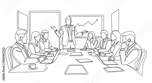 Business meeting with presentation chart, team discussing strategy at conference table