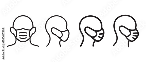 Minimalist Line Art Icons of Human Heads Wearing Face Masks for Health and Disease Protection.