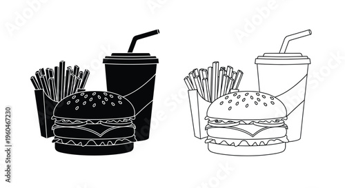 Black and white illustration of fast food burgers fries and drinks